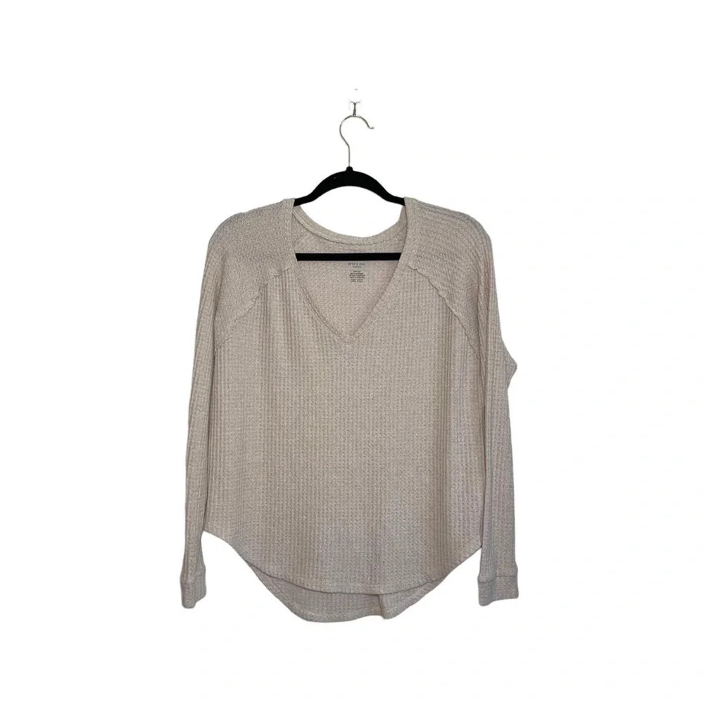 American Eagle Soft & Sexy Plush Cream Waffle Knit V-neck Top Small Women’s